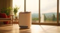 Air purifier on wooden floor in comfortable home. Fresh air and healthy life. Air Pollution Concept. Generative ai