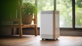 Air purifier on wooden floor in comfortable home. Fresh air and healthy life. Air Pollution Concept. Generative ai