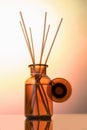 Air refresher bottle mock up, reed diffuser on a light rose gradiente background. Aromatherapy concept. Home fragrance bottle