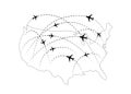 Air routes with black plane icons on USA map