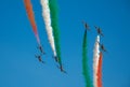 Air show Jet aircrafts aerobatic Italian team Frecce Tricolori group drawing italian flag figure Royalty Free Stock Photo