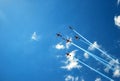 Air show with red jets across bright blue skies