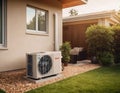 An air source heat pump is installed near a private house. Eco-friendly heating solutions. Air source heat pump next to