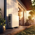 Air Source Heat Pump in Modern Residential Backyard, Sustainable Clean Energy, Golden Hour, Generative AI Royalty Free Stock Photo