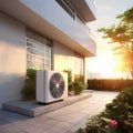 Air Source Heat Pump in Modern Residential Backyard, Sustainable Clean Energy, Golden Hour, Generative AI Royalty Free Stock Photo