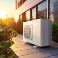 Air Source Heat Pump in Modern Residential Backyard, Sustainable Clean Energy, Golden Hour, Generative AI Royalty Free Stock Photo