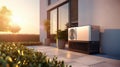 Air Source Heat Pump in Modern Residential Backyard, Sustainable Clean Energy, Golden Hour, Generative AI Royalty Free Stock Photo
