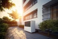 Air Source Heat Pump in Modern Residential Backyard, Sustainable Clean Energy, Golden Hour, Generative AI Royalty Free Stock Photo