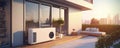 Air Source Heat Pump in Modern Residential Backyard, Sustainable Clean Energy, Golden Hour, Generative AI Royalty Free Stock Photo