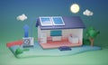Air source heat pump setup with home solar energy source 3D illustration. Royalty Free Stock Photo