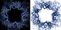 Air swirls create blue openwork frames on black and white backgrounds. Set of abstract fractal backgrounds. 3D rendering. 3D