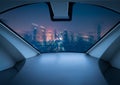 Air taxi window view of city at night. Air vehicle. Personal air transport. Autonomous aerial taxi. Flying car. Urban aviation.