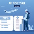 Air ticket sale, landing page template. Female tourist with luggage, airplane takeoff. Part of boarding pass with big discount