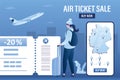 Air ticket sale, landing page template. Traveler with luggage, airplane takeoff. Boarding pass with discount. Online purchase of Royalty Free Stock Photo