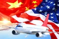 Air traffic between America and China concept with airplane against the American and Chinese flag