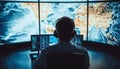 Air Traffic Control Center Operator Monitors Global Maps and Flight Data on Multiple Screens