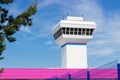 Air traffic control tower against sky background Royalty Free Stock Photo