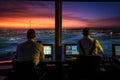 Air traffic control tower at an international airport with passenger jets taking off Royalty Free Stock Photo