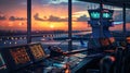 Air Traffic Control Working, Airport Towers, Navigation Screens, Airplane Departure Arrival Data Royalty Free Stock Photo