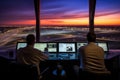 An air traffic controller job at an international airport with passenger aircraft taking off Royalty Free Stock Photo