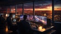 Air traffic controller worker. Office room with navigation screens,airplane departure and arrival data team. Airport tower concept Royalty Free Stock Photo