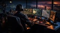 Air traffic controller worker. Office room with navigation screens,airplane departure and arrival data team. Airport tower concept Royalty Free Stock Photo