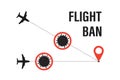 Air traffic stop. Prohibition, flight ban icon. Coronavirus pandemic. Black airplane sign. Forbidden passenger air travel symbol Royalty Free Stock Photo
