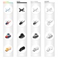 Air transport aircraft, helicopter, truck, agricultural tractor. Transport set collection icons in cartoon black
