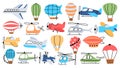 Air transport in childish style, plane, helicopter, airship and balloon. Flying airplanes for kids nursery decoration