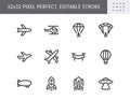 Air transport simple line icons. Vector illustration with minimal icon - airplane, balloon, ufo, helicopter, parachute Royalty Free Stock Photo