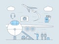 Air travel application vector outline illustration. Plane with ramp, flying plane, passports with tickets and airport