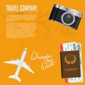 Air travel banner or advertisement poster with camera, passport airline ticket and top view airplane.