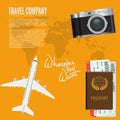 Air travel banner or advertisement poster with camera, passport airline ticket and top view airplane.