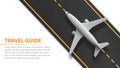Air travel banner with plane on runway strip - vacation and travel concept design. Banner with airplane and runway strip