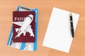 AIr Travel Concept. Airplane, Passport, Tickets, Blank Paper and