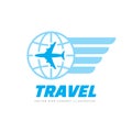 Air travel - concept business logo template vector illustration. Airplane, globe and wings creative sign. Graphic design elements.