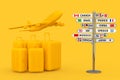 Air Travel Concept. Large Yellow Polycarbonate Suitcases with Yellow Jet Passenger\'s Airplane near Signpost with Various Countrie Royalty Free Stock Photo