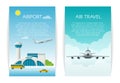 Air travel Concept web banner set. Arrivals at airport passenger terminal and flying commercial and private personal