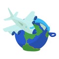 Air travel icon isometric vector. Plane fly around globe to point of destination