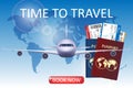 Air travel illustration with airplane. Brochure in tourism theme. Business travel agency advertisement airplane poster