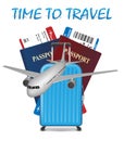 Air travel international vacation concept. Business travel banner with airline tickets, realistic airplane and suitcase