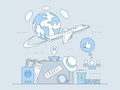 Air travel mobile application vector outline concept. Flying around the planet plane, baggage with passport and tickets.