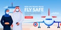 Air travel rule, healthy flight concept. Arabian man and woman in medical masks at airport terminal. Vector illustration