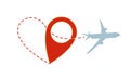 Air travel. Plane silhouette with heart path and destination icon. Flying airplane with trace in love form card design