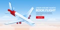 Air travel, plane tickets booking banner design template. Airplane flies in blue sky vector 3d isometric illustration Royalty Free Stock Photo