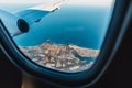 Air Travel, airplane window, over Australia, seascape Royalty Free Stock Photo