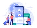 Air travel ticket buying app. People buying tickets online, phone booking service for tourism and vacation, travel Royalty Free Stock Photo