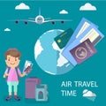 An air traveler with a suitcase holds in his hands tickets and a passport, tourism associated with an airtravel Royalty Free Stock Photo