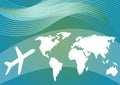 Air travelling background with stylized world map and silhouette of an airplane on blue and green gradient area