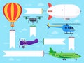 Air vehicles banner. Flying helicopter sign, airplane banner message and vintage zeppelin ad flat vector illustration set